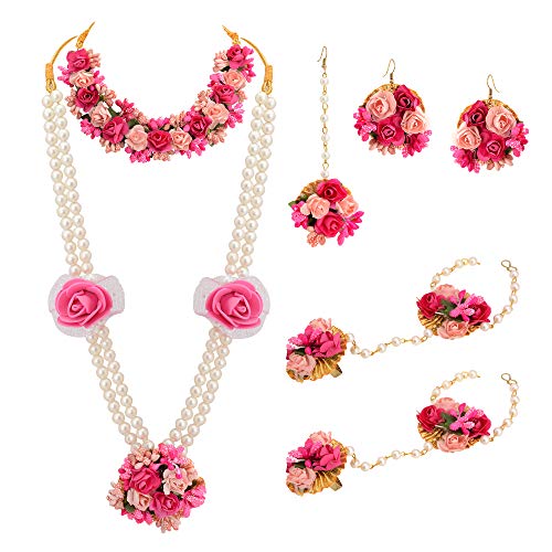 Zephyrr Traditional Floral Fashion Jewellery Neckalce Set, Earrings, Maang Tiika, Bracelet, Ring For Women Haldi, Mehendi, Baby Shower Occasion