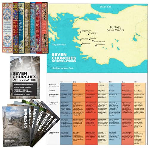 Seven Churches of Revelation Study Bundle - Full-Color Booklet with Study Questions, Scripture Cards, Map Poster, Church Summary Chart & 7 Woven Bookmarks - Christian Learning Supplies