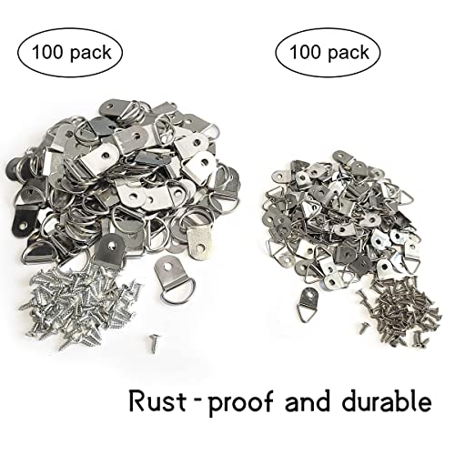 Image of 200 Pcs Heavy Duty D-Rings Picture Hangers, Double Hole D-Rings with Screws Bulk for Hanging Photo, Paintings, Artwork, Mirror, Clock and etc (200 Screws Included) (200)