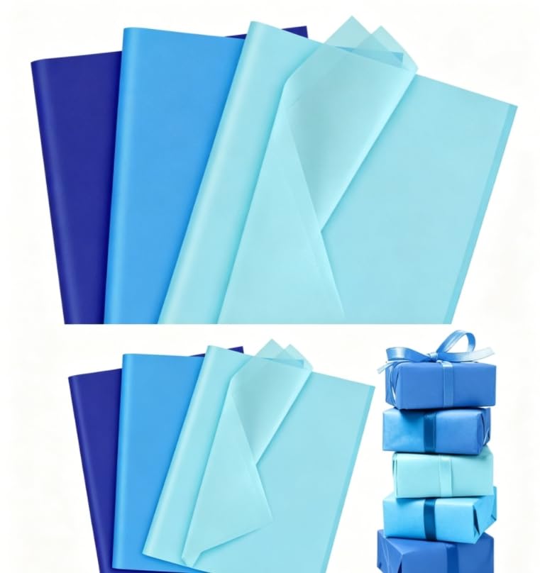 100 Blatt Seidenpapier, Geschenkpapier zum Verpacken von Geschenken, Seidenpapier Blau 70x50 cm, Sortiertes Blaues Geschenkpapier Set Verpackungsmaterial für DIY Geschenkpapier