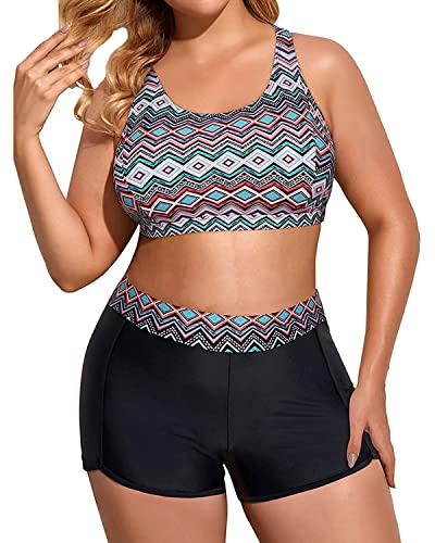 Image of Holipick Women Plus Size Swimsuits - Athletic 3 Piece Tankini with Shorts | Sports bikini top, high waist shorts, tank top, removable pads. Athletic style for water activties