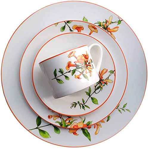 8人用食器セット、プレートとボウルセット、オウムのテーマシリーズ ボーンチャイナディッシュセット、ギフトセット、ファミリーパーティーサービスオレンジ