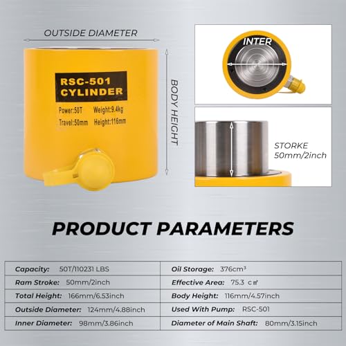 Image of 50T Hydraulic Cylinder Jack Ram, 2 inch Stroke Single Acting Hydraulic Jack Lifting Cylinder RSC-501 Automatically Porta Power Jack for Shipbuilding, Machinery, Construction