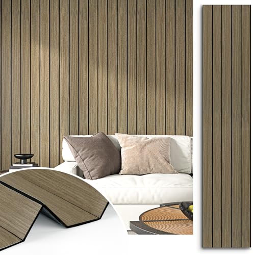STICKEEP Vintage Brown Wood Slat Wall Panel Peel and Stick Acoustic Wall Panels for Bedroom Soundproof 3D Textured Wood Grain Slat Wallpaper Removable Foam Paneling for Living Room Ceiling 23.6'x120'