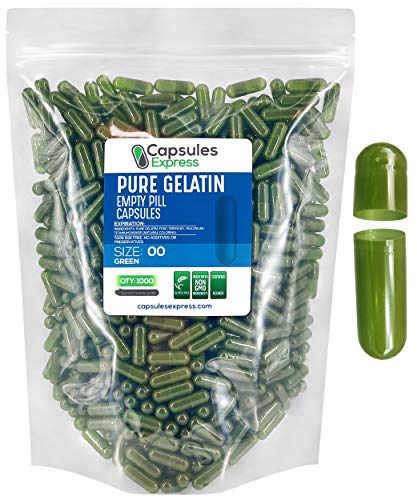 Capsules Express- Size 00 Green Empty Gelatin Capsules 1000 Count - Kosher and Halal - Pure Gelatin Pill Capsule - DIY Powder Filling