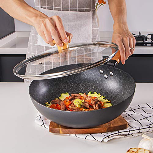 SKY LIGHT Wok Pan with Lid, 12-inch Nonstick Stir Fry Pan, 100% APEO & PFOA-Free Granite Stone Coating, Cookware Pot with Detachable Wooden Handle, Induction Compatible - Thumbnail 4