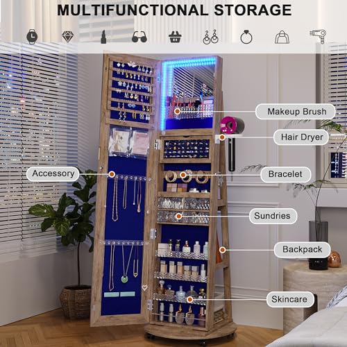 Image of HNEBC 360 Swivel Jewelry Armoire with Mirror, LED Mirror Jewelry Cabinet Standing, Full Length Mirror with Jewelry Storage, Standing Jewelry Organizer /Lockable Wheels /Foldable Makeup Shelf (Wood)