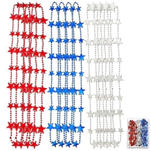 4th of July Beads Necklaces 12Pcs Patriotic Fourth of July Necklace Bulk 33 Plastic Red White Blue USA Stars Necklace Accessories for Women Men Patriotic Independence Day Party Favor Decor Supplies