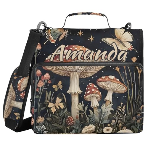 Image of Custom 3 Ring Zipper Binder Mushrooms Flowers Butterflies (2) Personalized Name 1.5 inch Binders Large Capacity Multi Pockets for School Office Supplies