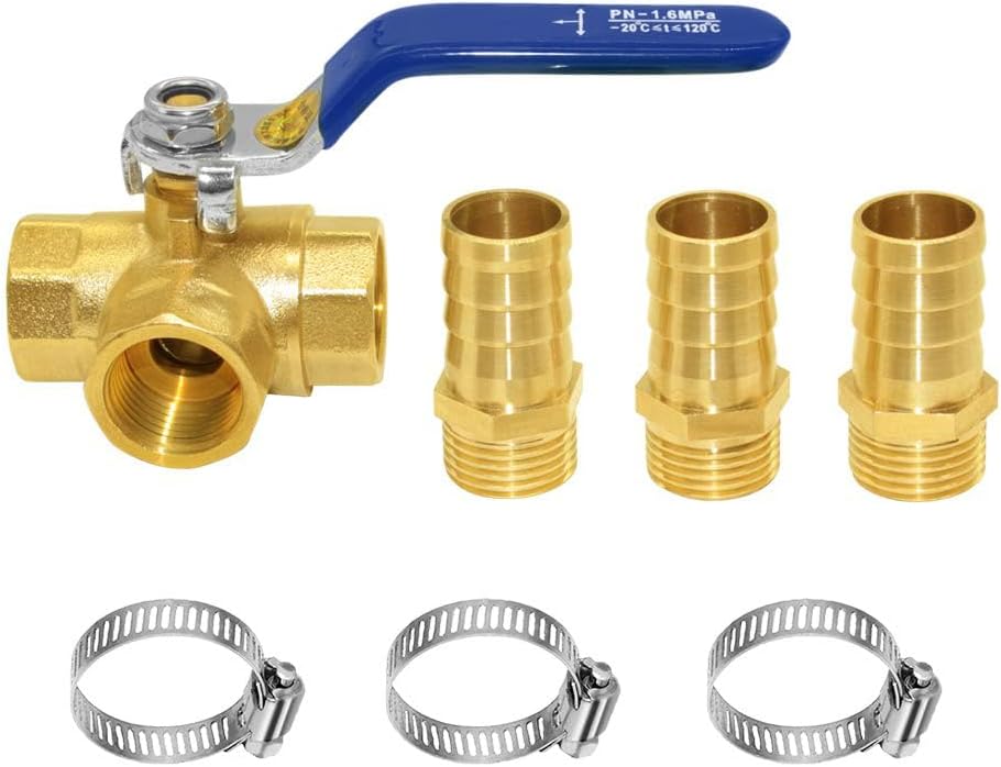 Joywayus 3 Way (T-Port) Shut Off 1/2"G Thread Ball Valve with 3/4" Hose Barb Lever Handle Brass Fitting One Switch
