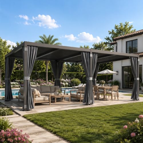 Louvered Pergola 10x20FT, Outdoor Aluminum Pergola with Adjustable Louvered Roof, Weather-Resistant Metal Pergola Shade Structure with Waterproof Curtains and Nets for Garden, Backyard, Poolside