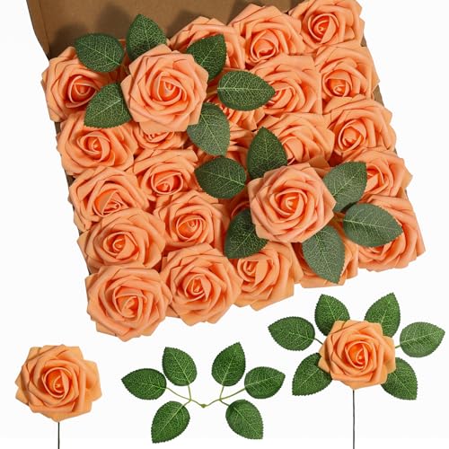 DuHouse Künstliche Rosen Blumen Fake Schaumstoff Rosen Köpfe mit Stiel Künstliche Blumen Rose für Hochzeit Home Party Baby Dusche Valentinstag Deko(25 Stück,Orange)