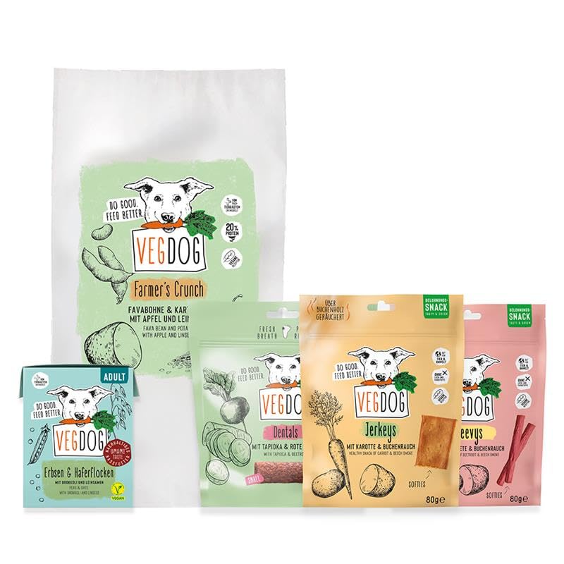 VEGDOG Farmer's Favourite Probierbundle mit hypoallergenem Alleinfutter und Snacks, Einsteiger Paket