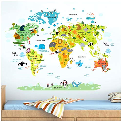 Adesivos de parede HaokHome W-10501-1 grande mapa do mundo para crianças animais educativos marcos d
