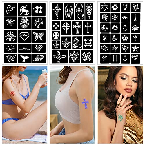 Qpout Tattoo Stencils for Kids and Adults - 16 Sheets Henna Kit With Small and Big Designs for Real Tattoos - Skeleton, Spider, Owl, Flower, Butterfly, Tribal, Totem
