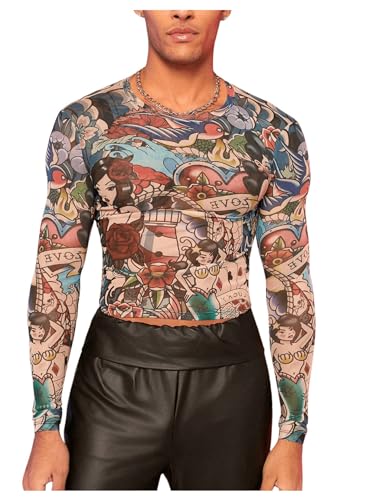 Floerns Men's Cartoon Print Long Sleeve T Shirt Nightclub Sheer Mesh Crop Tops