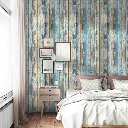 Dimcol Wood Contact Paper - 15.7"X118" Self-Adhesive And Removable Wood Wallpaper Peel And Stick - Blue Distressed Wood Grain Contact Paper For Cabinets - Waterproof Stick On Wall Paper #TOP6