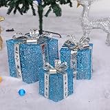 クリスマスギフトボックスライト3個セットクリスマスオーナメント雰囲気満載 オーナメント クリスマスプレゼントLEDライトアップクリスマスツリー/庭/自宅用 (青い銀, 三つ入り)