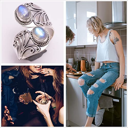 Genuine Moonstone Ring for Women Sterling Silver 925 Rainbow Moonstone Ring Natural Moon Stone Promise Engagement Band Ring Gemstone Rings Vintage Birthstone Dainty Gifts for Women Size 6-10 (8)4