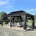 HAPPATIO 12' x 20' Hardtop Gazebo - Galvanized Steel Patio Double Roof Aluminum Gazebo with Curtains and Netting, Metal Permanent Pavilion Outdoor Gazebos for Patios, Gardens, and Lawns (Gray)