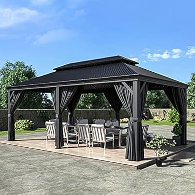 HAPPATIO 12' x 20' Hardtop Gazebo - Galvanized Steel Patio Double Roof Aluminum Gazebo with Curtains and Netting, Metal Permanent Pavilion Outdoor Gazebos for Patios, Gardens, and Lawns (Gray)