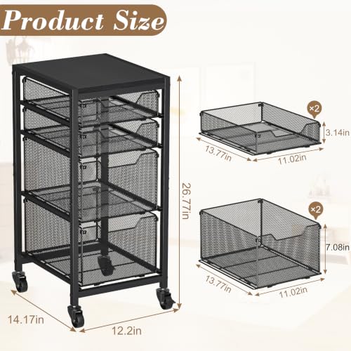 Image of Rolling Storage Cart with Drawers, Under Desk Storage with Wooden Tabletop & Lockable Wheels, 4-Tier Storage Drawers for Bathroom, Craft, Office, Black