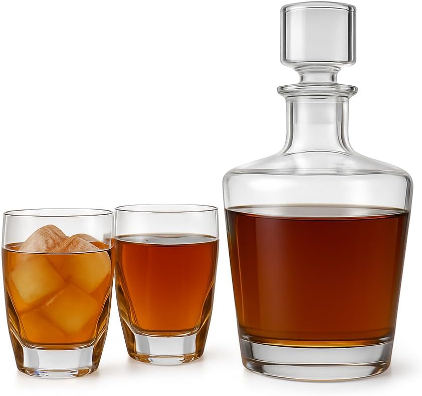 Liquor Decanter Set – American-Made Crystal Decanter + 2 Flame-Design Glasses – Bold Cocktail & Tequila Set for Home Bar – Elegant Gift for Whiskey, Vodka, Rum, and Spirits Lovers