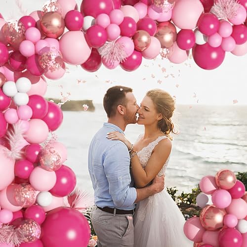 Ouddy Life 152Pcs Pink Balloon Garland Arch Kit, Hot Pink white and Metallic Rose Gold Confetti Balloons for Women Girls Happy Birthday Party Baby Shower Wedding Decorations