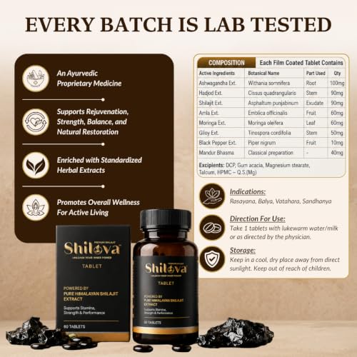 Image of Pure Himalayan Shilajit Tablets - 60 Tablets | 8-Herb Ayurvedic Formula with Ashwagandha, Hadjod & Amla | Stamina, Strength, Joint Support & Natural Iron | For Men & Women