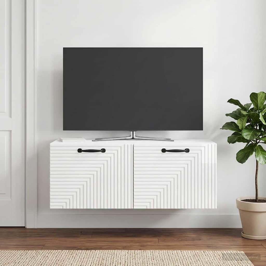 Mobile TV da parete, bianco lucido, 78,5 x 41 x 30 cm, con vano portaoggetti, ante girevoli, in legno, salvaspazio, sospeso, per soggiorno, angolo gaming, moderna credenza