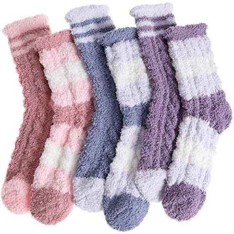EBMORE Fluffy Socks Women Slipper Bed Comfy Fleece Cabin Plush Warm Sleep Soft Cosy Winter Christmas Gifts Stocking Fillers for Women Ladies Mum Socks 6 Pairs(Mix Stripe Weave B) Cover
