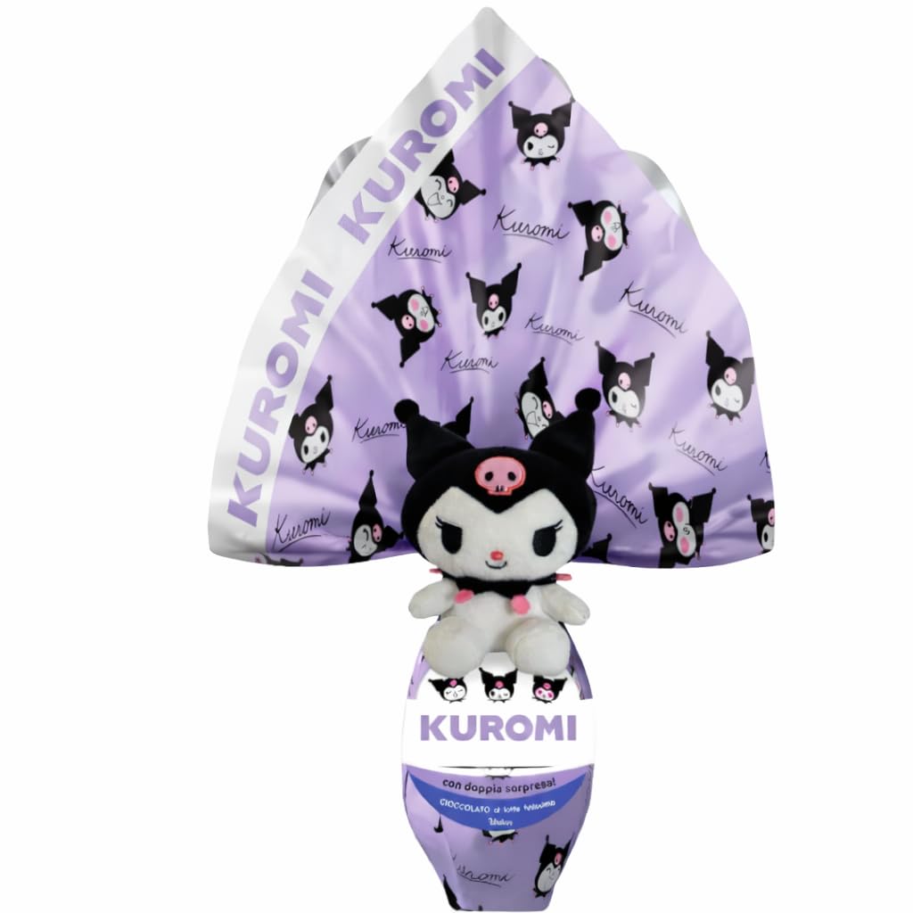 Uovo di Pasqua Kuromi con Peluche 300 g WALCOR | Uova Cioccolato al Latte Finissimo con Sorpresa | Peluche Kuromi 15 cm | Idea Regalo Pasqua