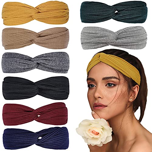 Cheypiwa Headbands for Women 8Pcs Plain Elastic Knotted Hair Accessories for Women Fashion Boho Hair Bands for Girls Yoga Sports Running Headwrap