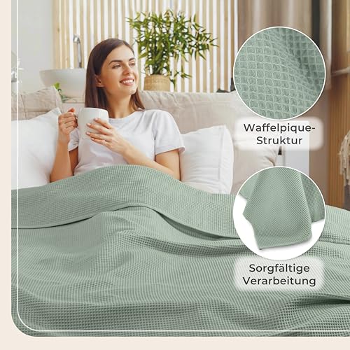 LAYNENBURG Premium Tagesdecke 240 x 260 cm XXL - Waffelpique 100% Baumwolle - leichte Wohndecke Waffeloptik - Baumwolldecke als… – Ansicht 5