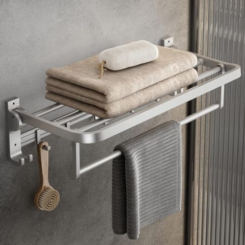 Image of Towel Holder in Bathroom Towel Hanger for Wall Bathroom Towel Rack with Towel Bar and Hooks 60cm Foldable Towel Rod Wall Mounted Lavatory Towel Stand Silver Finish