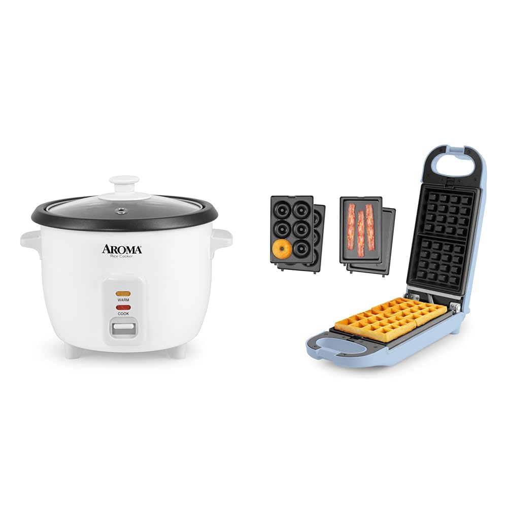 AROMA Rice Grain Cooker and Waffle Maker Bundle - Cook Rice Grains Soup Make Paninis and Donuts -
