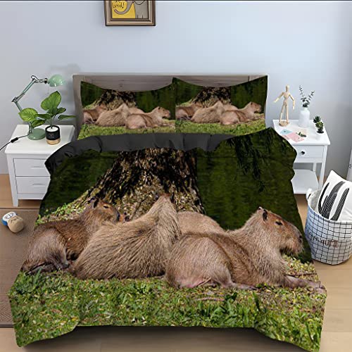 Housse de Couette 240 x 260 Capibara Vert Foncé Microfibre Fermeture Éclair anti-glissement