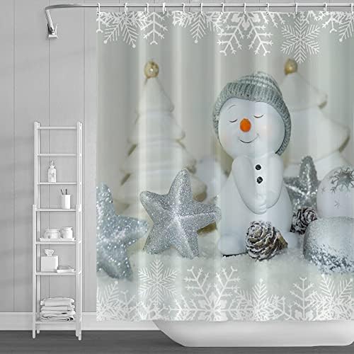 SDOTPMT 105x160cm Cute Snowman Shower Curtain Christmas Tree Ball Red White Stripes Hat Scarf Bath Curtain Snowflake Wooden Plank Bathtub Curtain for Kids Bathroom Fabric Polyester with Hooks