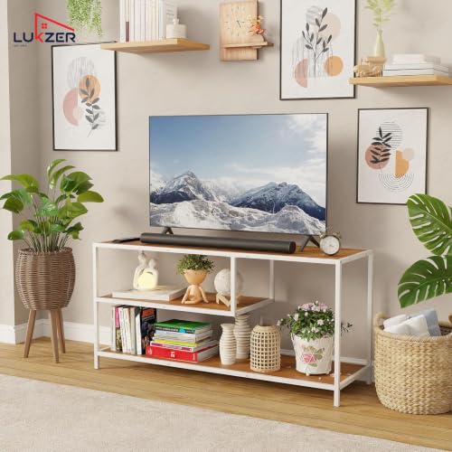 Image of Lukzer Metal & Engineered Wood TV Unit Stand Ideal for TVs Up to 43 Inch | MTU-001 /White + Oak Brown | Open Shelves for WiFi Router, Set-Top Box, Speakers & Decor | Living Room Storage Rack Organizer