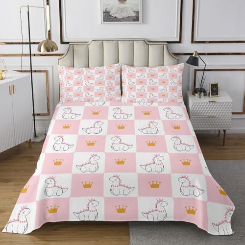 Castle Fairy Queen Princess Girly Crown Queen Size Dinosaur Wildlife Animal Quilted 3 Pieces Coverlet Set with 2 Pillowcases Pink White Grid Geometry Bedding Quilt for Room Decor