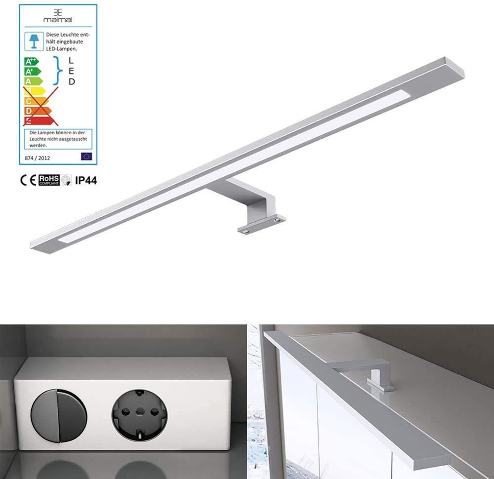 Mai & Mai LED Spiegellampe mit Trafo Doppelschalter und Steckdose Weiß | 500 Lumen, Energieklasse A universalweiß (5000K), Bad Spiegellampe aus Aluminium, 6W 40cm
