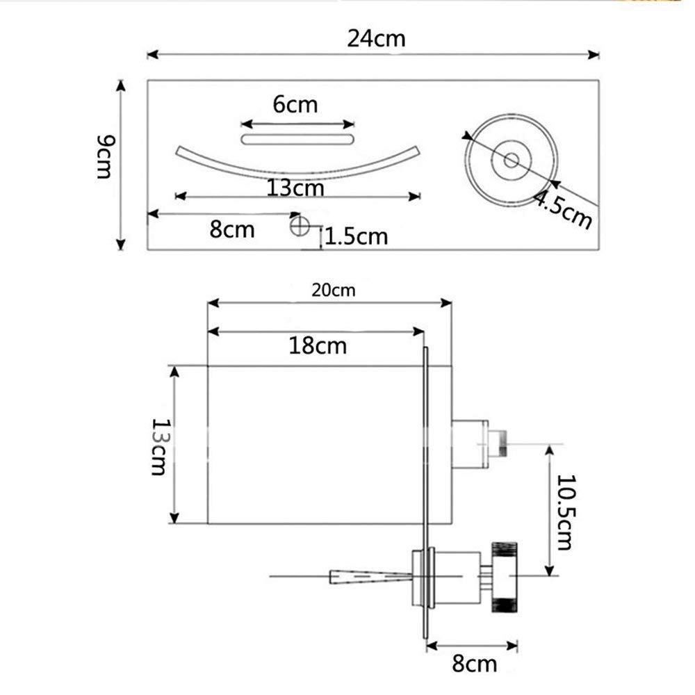 Bateria ścienna chromowana 2-otworowa, podtynkowa, z 3-kolorowym oświetleniem LED, wodospadowa, mosiężna, bateria ścienna jednouchwytowa, z wylewką ze stali nierdzewnej, z uchwytem obrotowym 360°