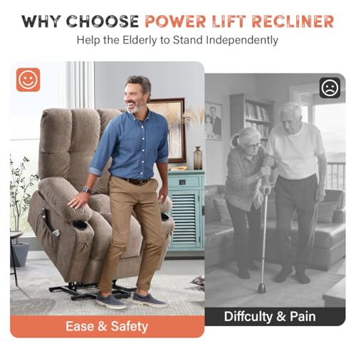 Image of BOSMILLER Power Lift Recliner Chair with Massage and Heat for Elderly, Electric Recliner Single Sofa with Two Cup Holders, Extended Footrest, Side Pocket and USB Charge Port for Living Room