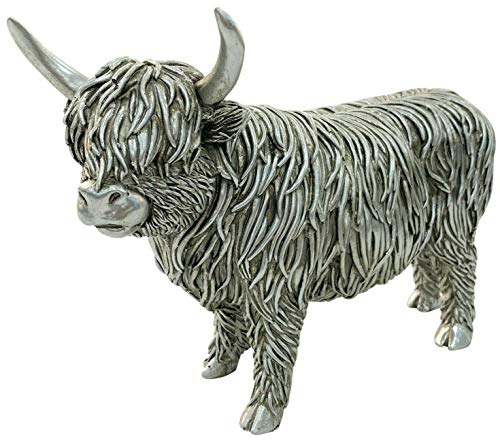 Silberne Highland-Kuh Figur aus Kunstharz, Tierskulptur, rustikales Regal Cover