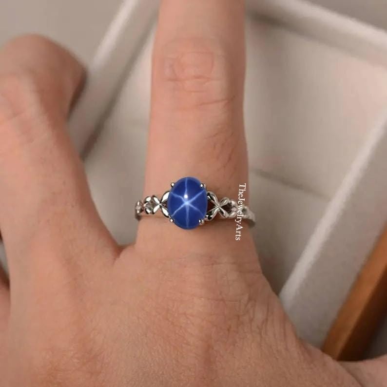 Blue Star Sapphire Engagement Ring, Cornflower Star Sapphire Gemstone, 925 Sterling Silver, Blue Star Design, Promise Ring For Her2