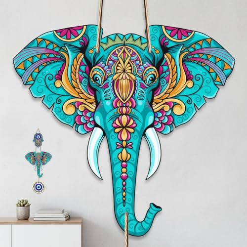 Image of Evil Eye Wall Hanging for Home Entrance | Nazar Suraksha Decorative Hanging | Blue Evil Eye Protection Charm | Handmade Wall Decor for Home, Office, Shop & Temple (Elephant)