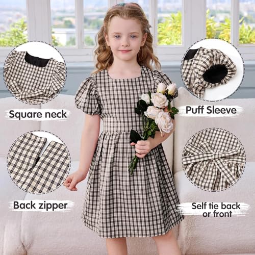 Little Bitty Toddler Girls Plaid Dress Puffy Sleeves - Gingham Summer Party Dress Bow Belt Birthday Easter Holiday | 2T-6T2