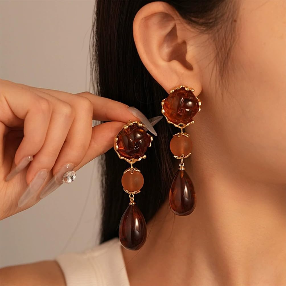 Statement Brown Crystal Tear Drop Dangling Earring for Women Vintage Delicate Waterdrop Resin Earrings Unique Trendy Y2K Birthday Party Jewelry Gift - Image 4