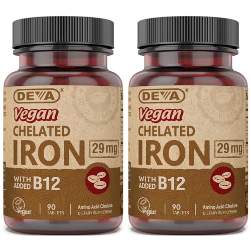 DEVA Nutrition Vegan Chelated Iron 29 mg Fortified with B-12 - High Potency Easy to Swallow - 90 Tablets 2-Pack