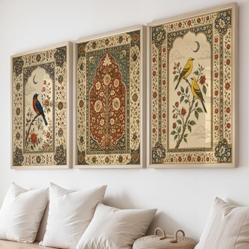 Image of NoWorries Bird Floral Wall Art Set of 3 Framed Prints | Indian Traditional Botanical Painting, Vintage Rajasthani Bird Poster, Royal Ethnic Wall Decor for Living Room Bedroom Home (Synthetic Engineered Wooden Frame) (MIN -4, 10x13 inches)